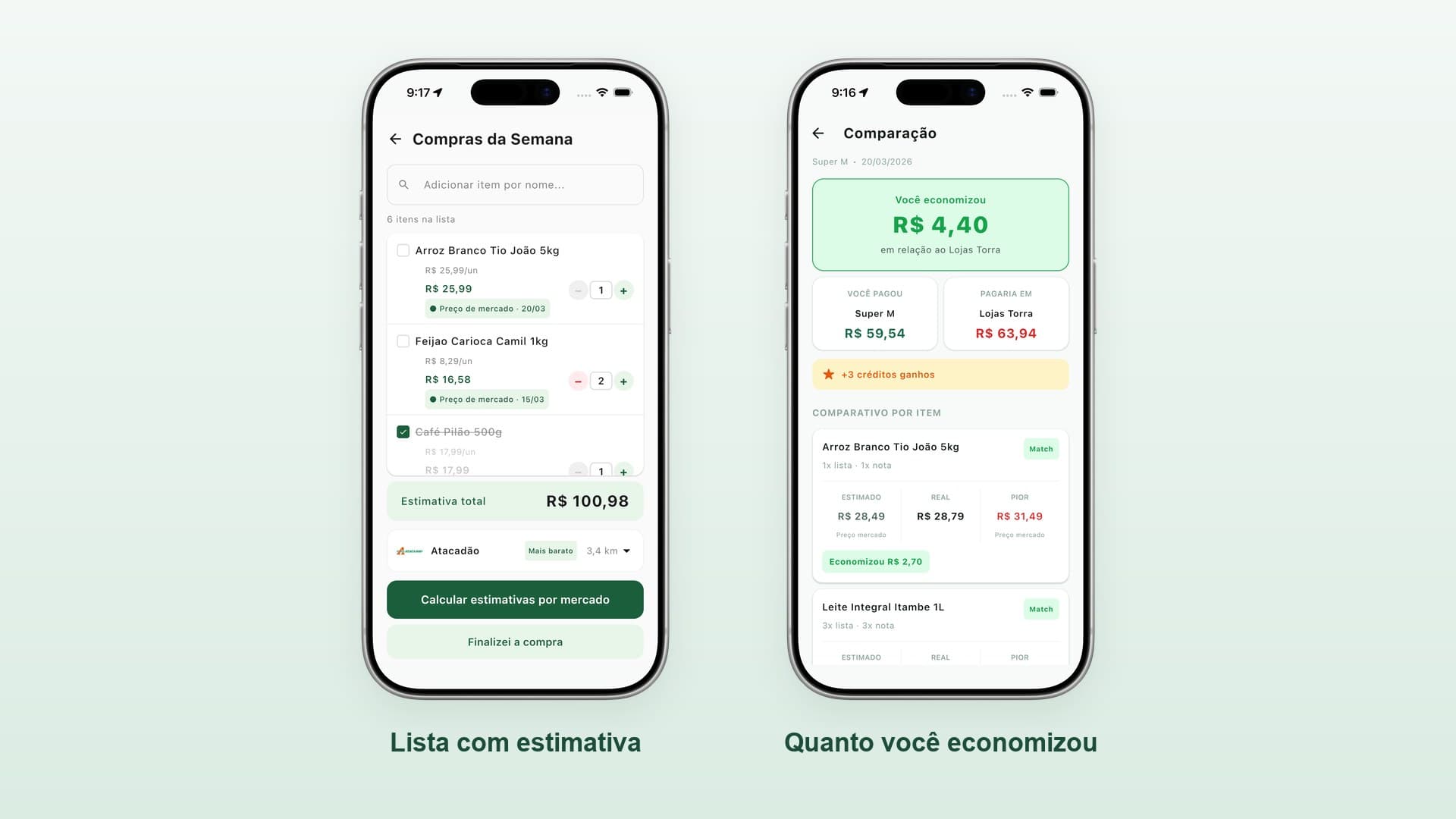 Lista de compras com a estimativa total e tela de comparação mostrando quanto o usuário economizou e os créditos que ganhou.