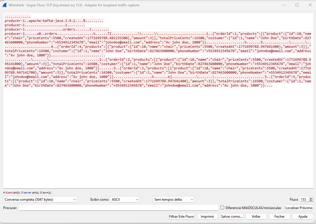 Wireshark capture showing Kafka message in plain text.